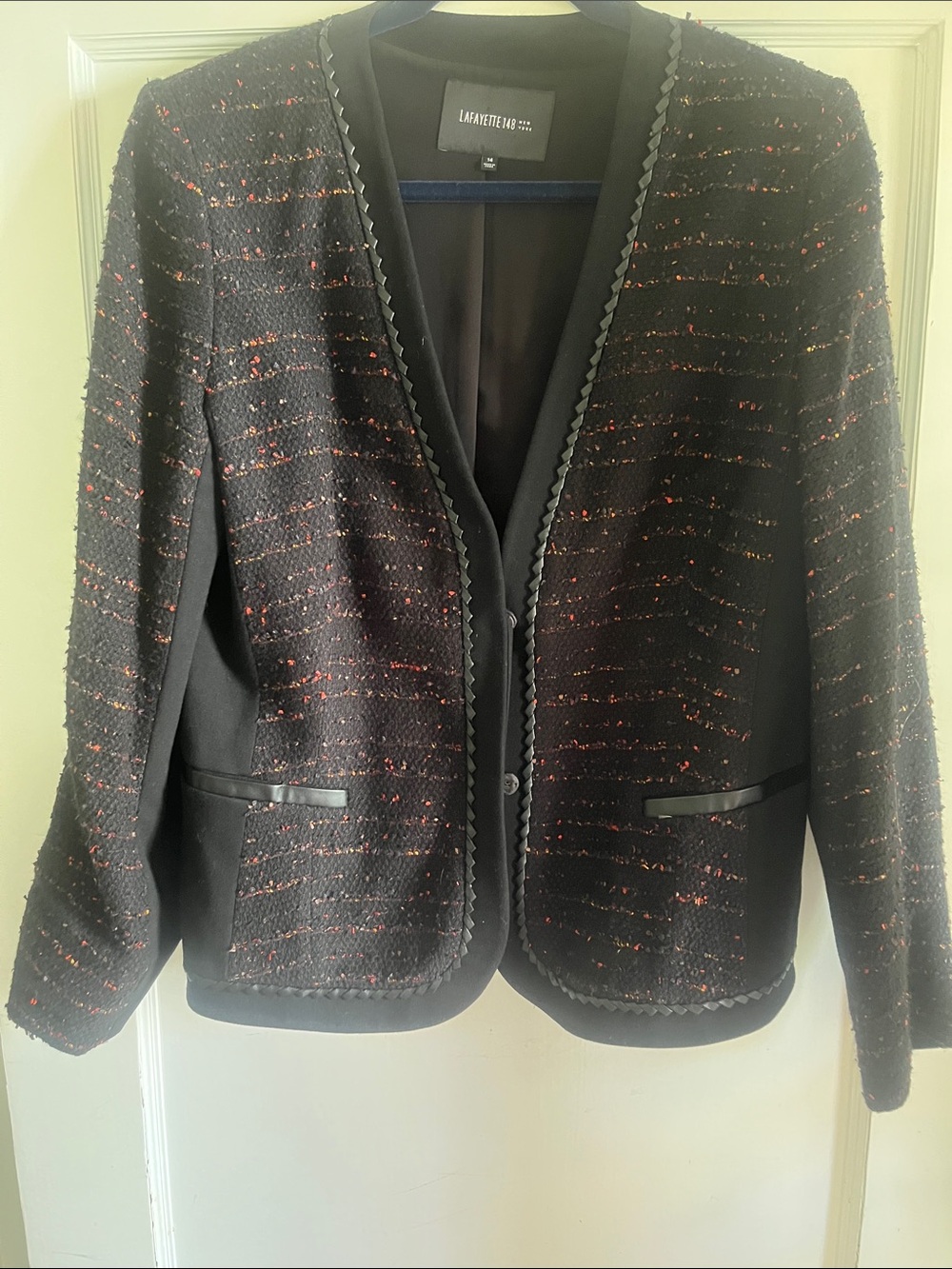 Lafayette 148 New York Black Tweed Jacket with Leather Trim